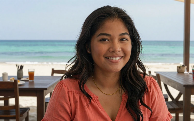 Filipina woman at a beachside cafe representing Filipino online dating culture